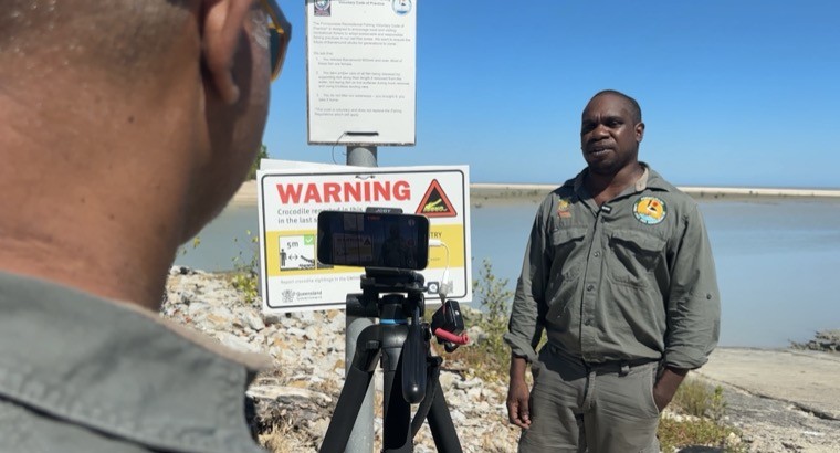 Peret Arkwookerum, Pormpuraaw Ranger, being filmed