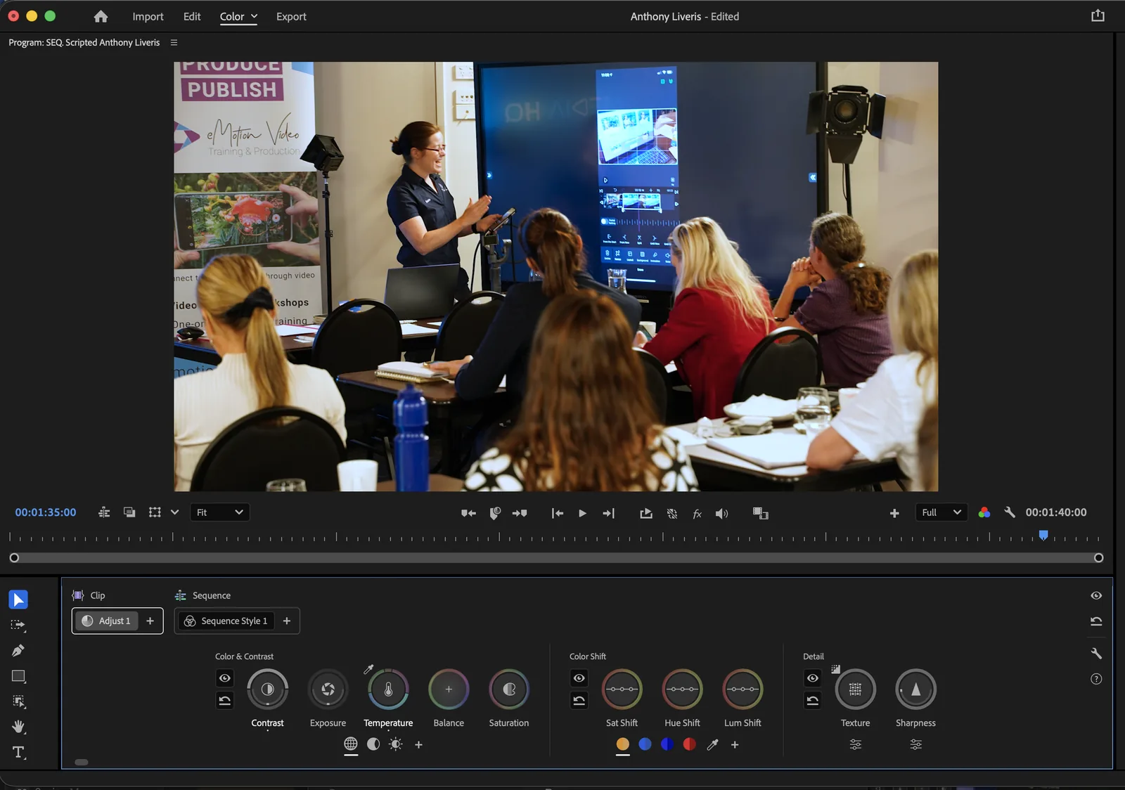 Suzie teaching in Premiere's Color Mode grading workspace